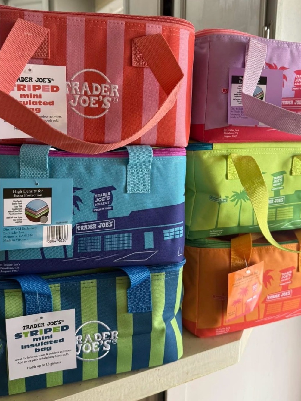 Trader Joe's Striped Insulated Tote - Coral Pink